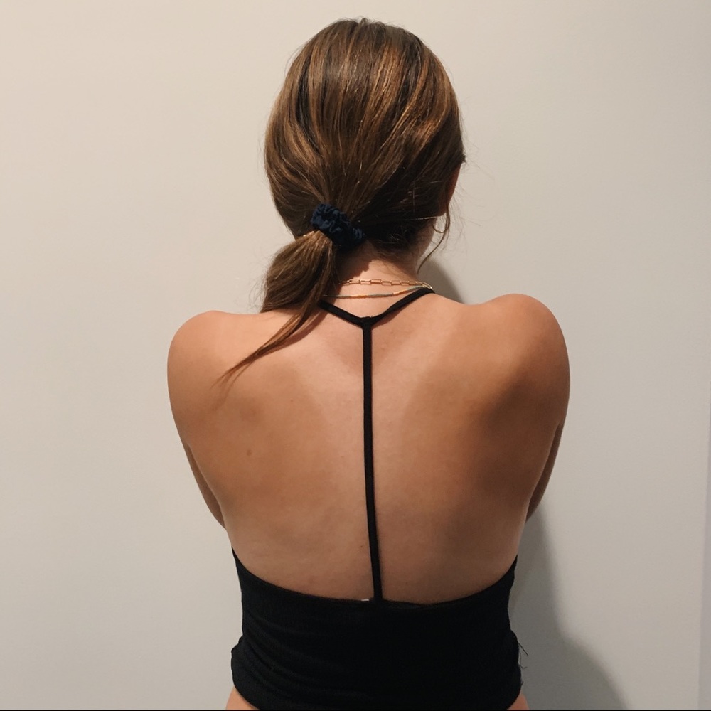 Black open back V neck tank